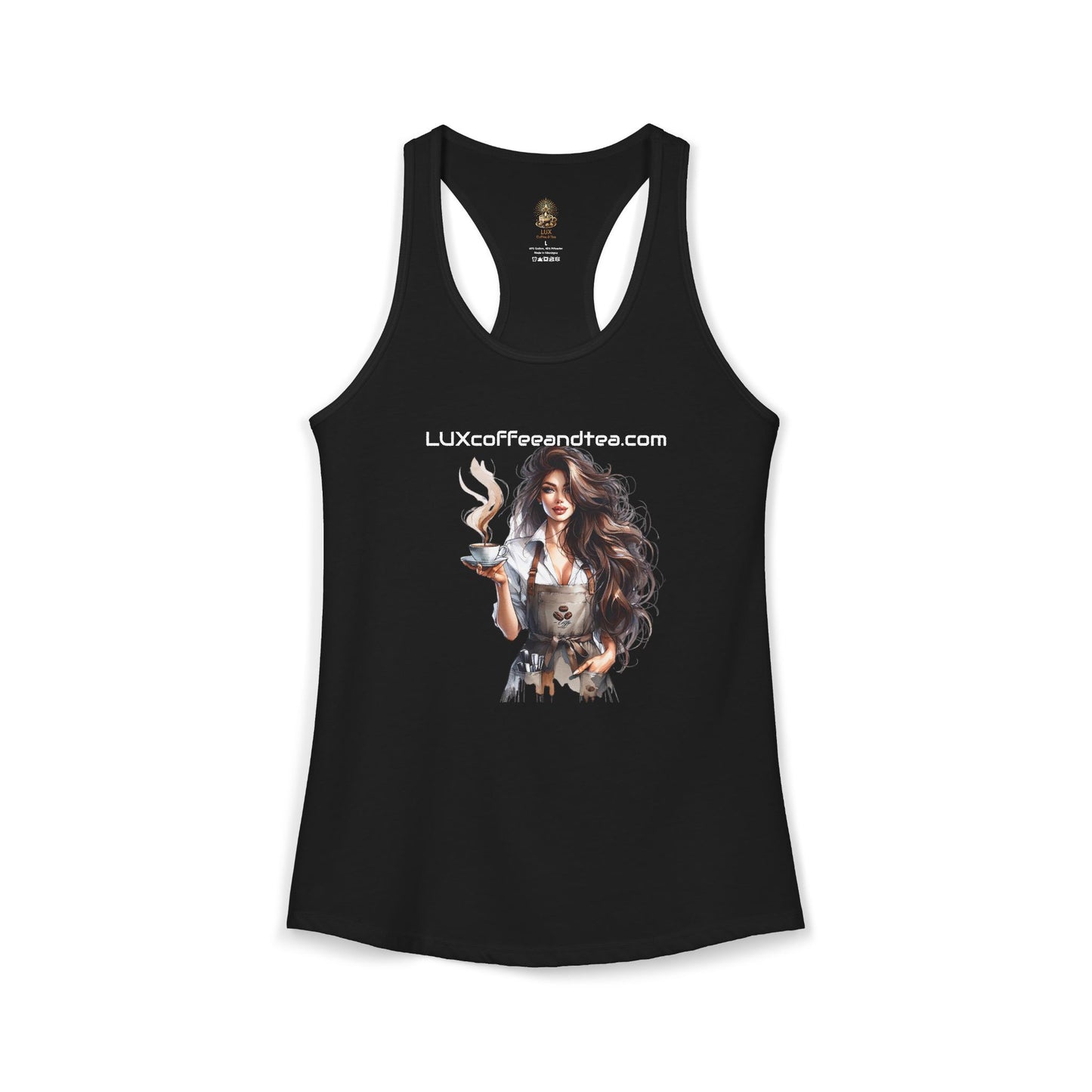 Lux Coffee & Tea -"The Girl with the Fragrant Coffee" Women's Ideal Racerback Tank