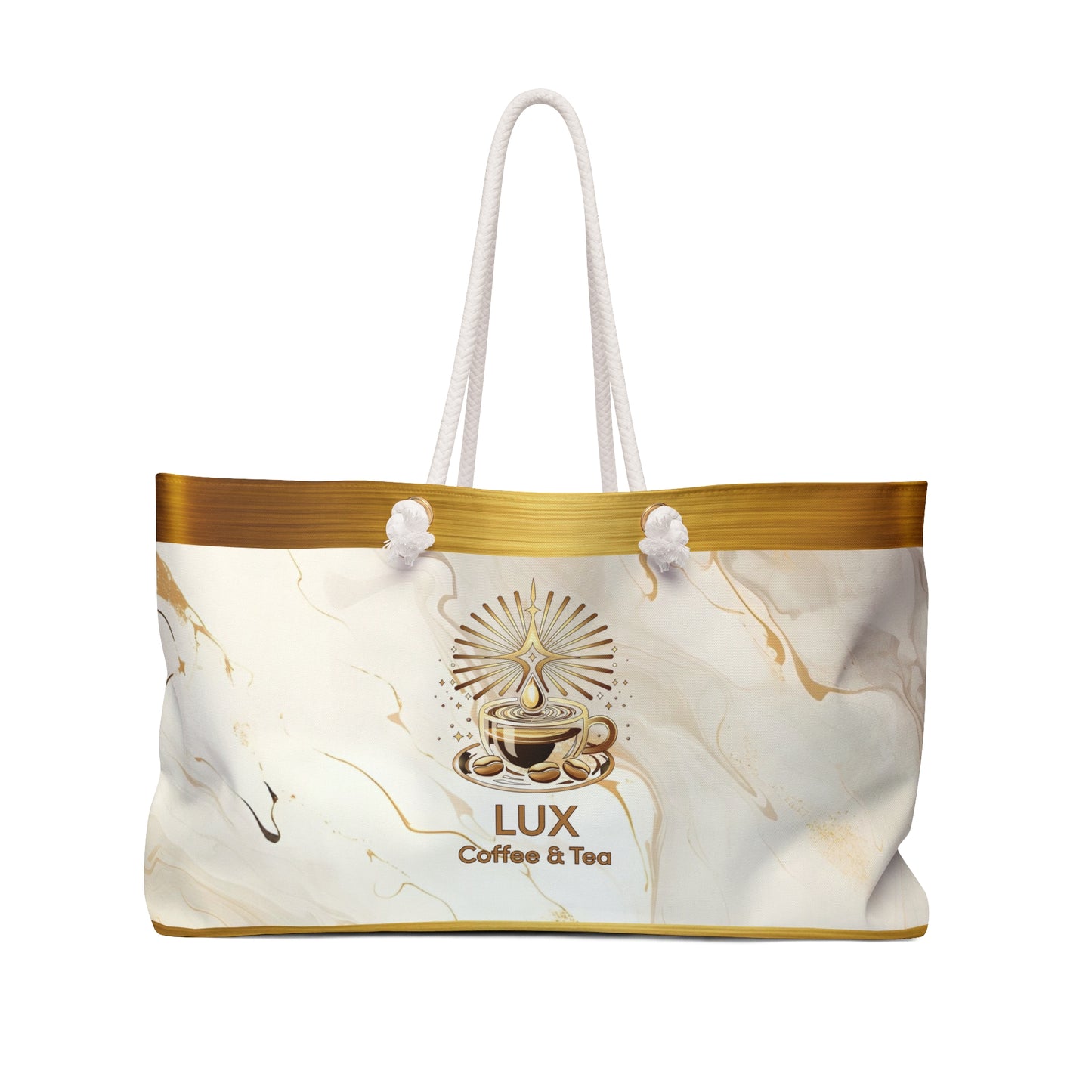 Lux Coffee & Tea Marble Weekender Bag – Elegant Gold-Trim Travel Tote