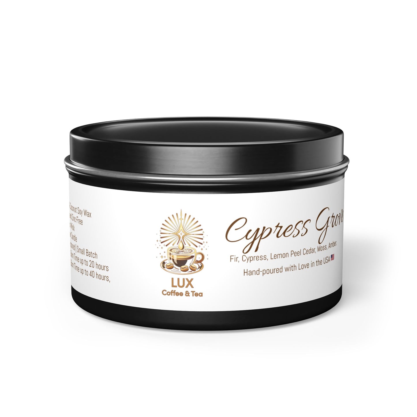 Lux Coffee & Tea Travel Tin Scented Candle Cypress Grove (4oz | 8oz).