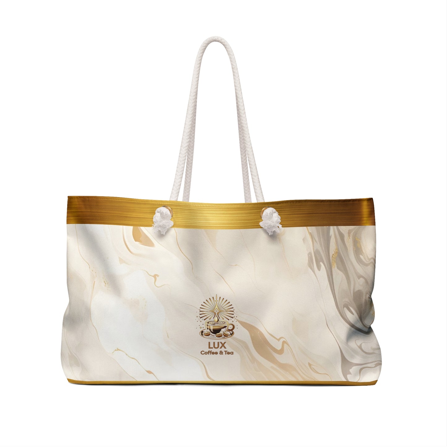 Lux Coffee & Tea Marble Weekender Bag – Elegant Gold-Trim Travel Tote / small logo option