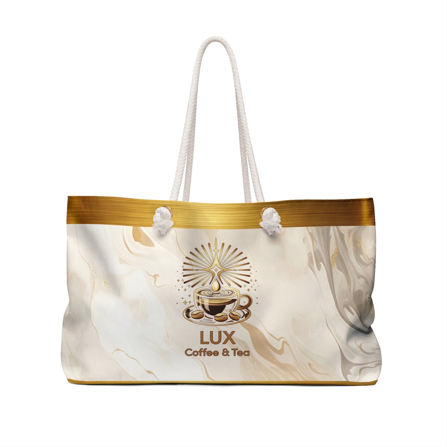Lux Coffee & Tea Marble Weekender Bag – Elegant Gold-Trim Travel Tote