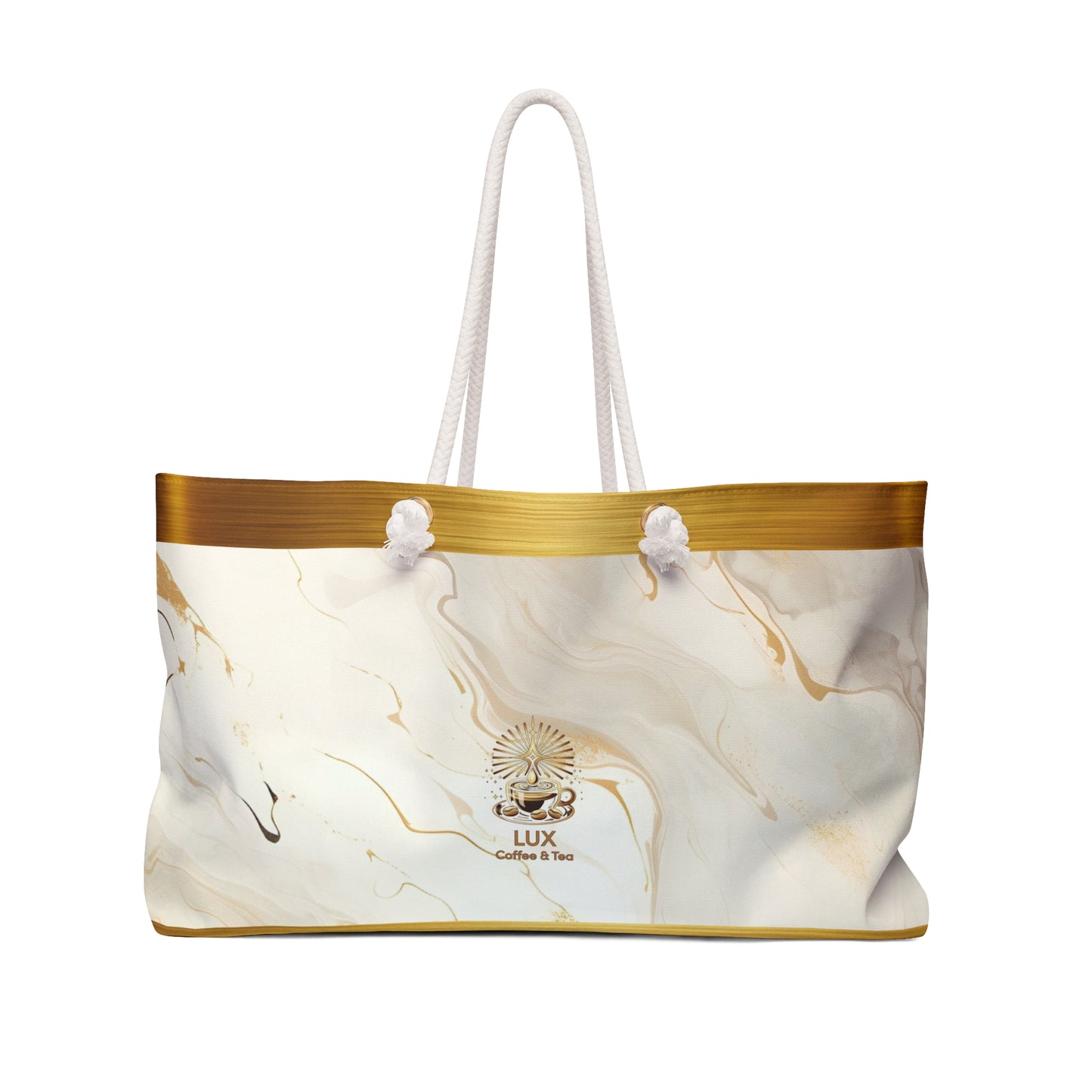 Lux Coffee & Tea Marble Weekender Bag – Elegant Gold-Trim Travel Tote / small logo option
