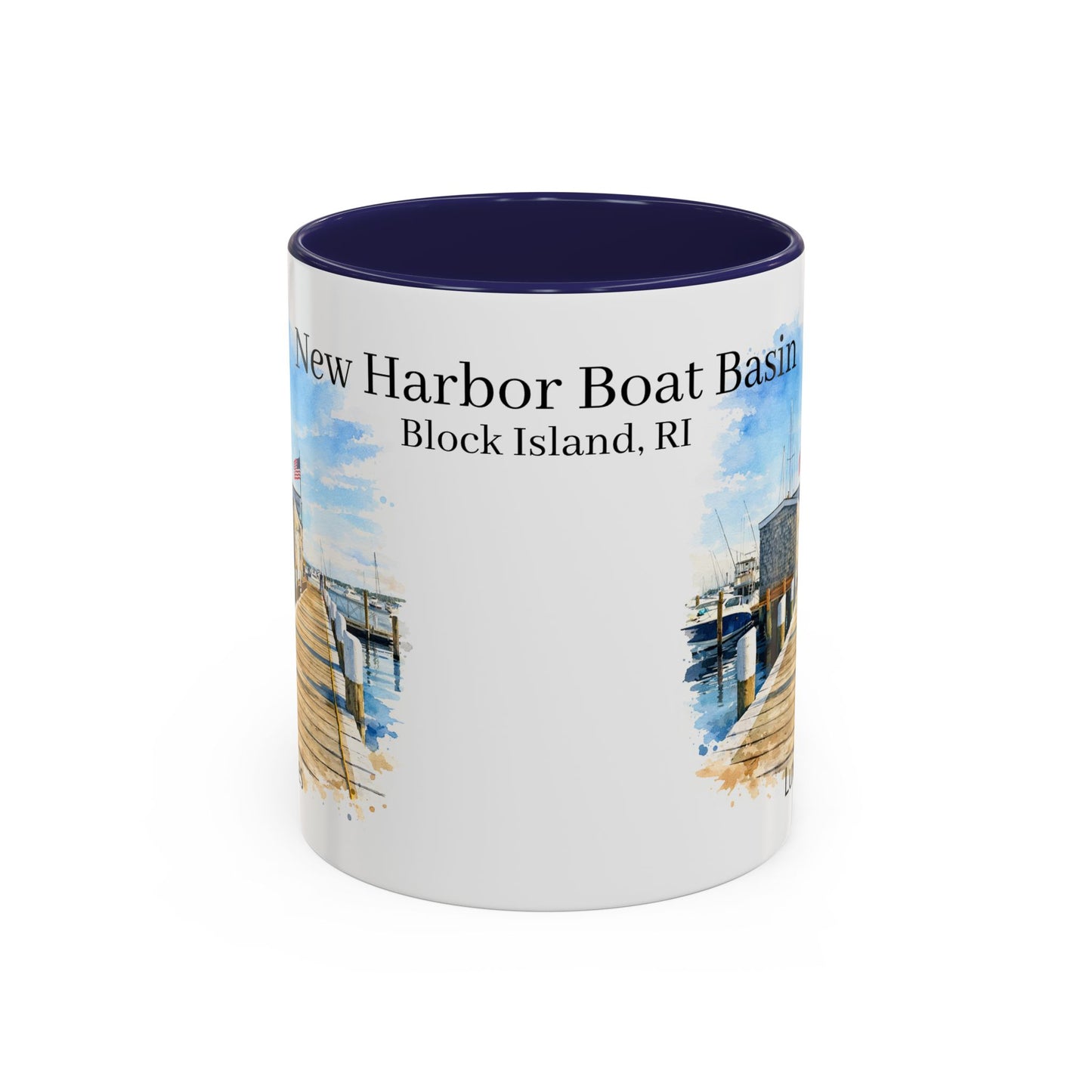 LUX Coffee and Tea Shorelines New Harbor Boat Basin Block Island, RI Accent Mug  (11oz /15oz)