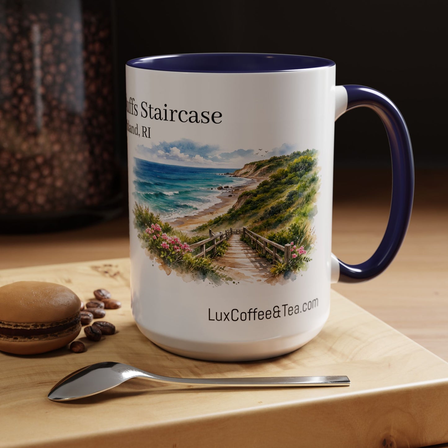 LUX Coffee and Tea Shorelines Mohegan Bluffs Staircase Block Island, RI Accent Mug  (11oz /15oz)