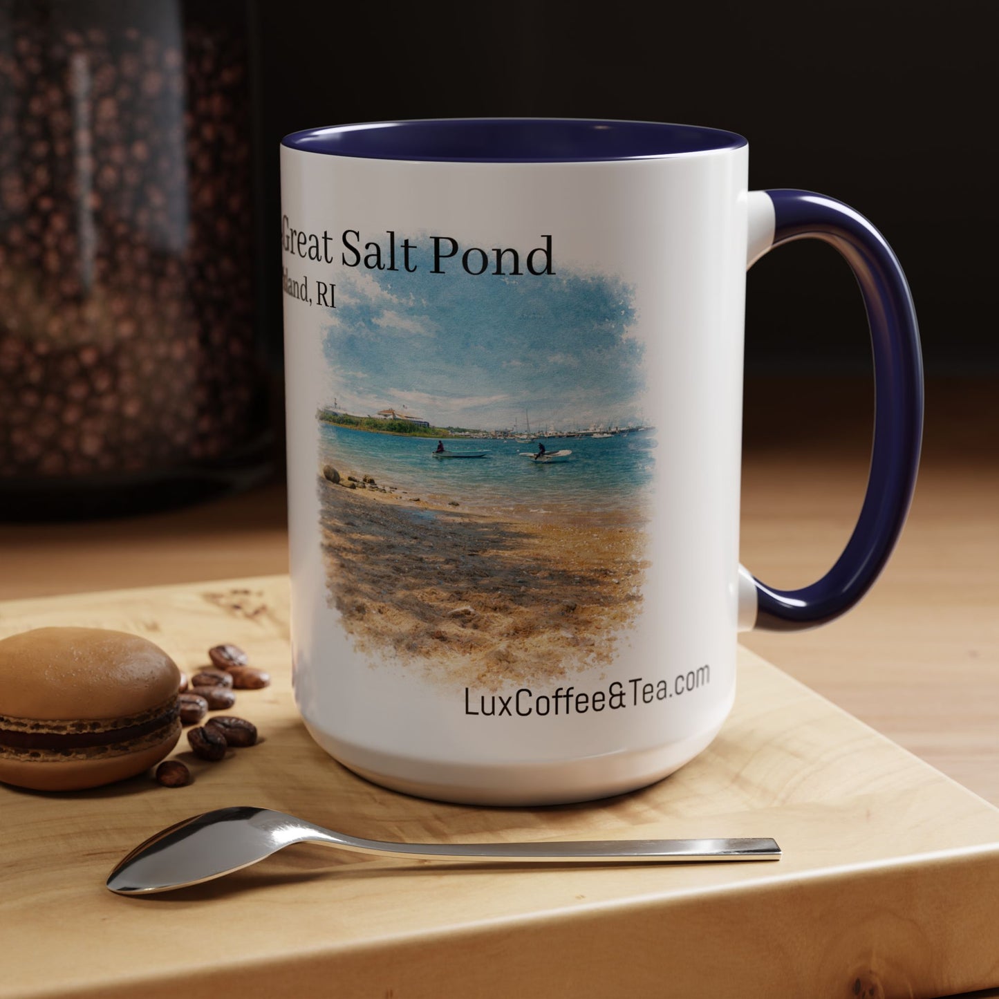 LUX Coffee and Tea Shorelines Dinghy Beach at Great Salt Pond Block Island, RI Accent Mug  (11oz /15oz)
