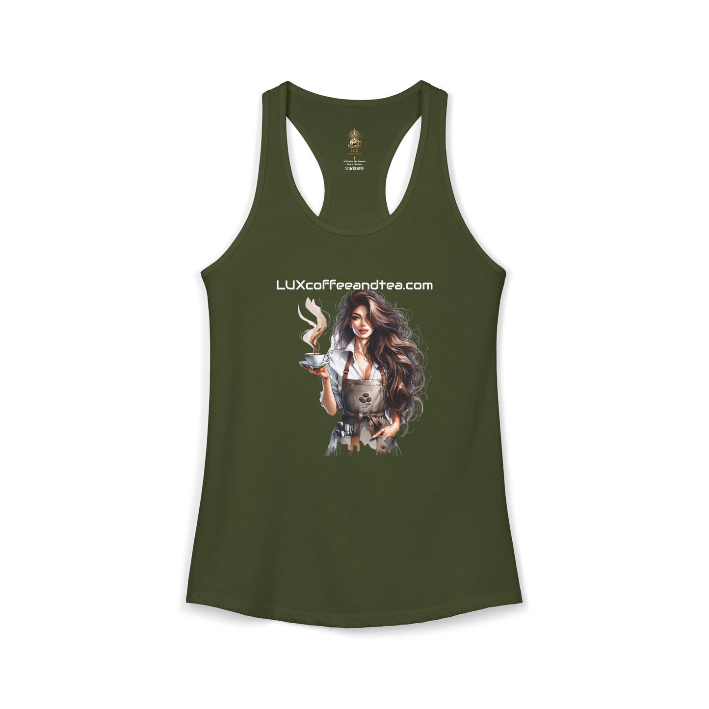 Lux Coffee & Tea -"The Girl with the Fragrant Coffee" Women's Ideal Racerback Tank