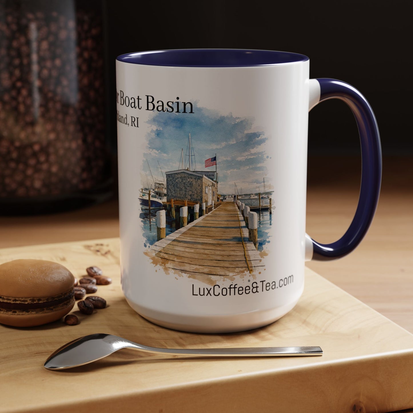 LUX Coffee and Tea Shorelines New Harbor Boat Basin Block Island, RI Accent Mug  (11oz /15oz)