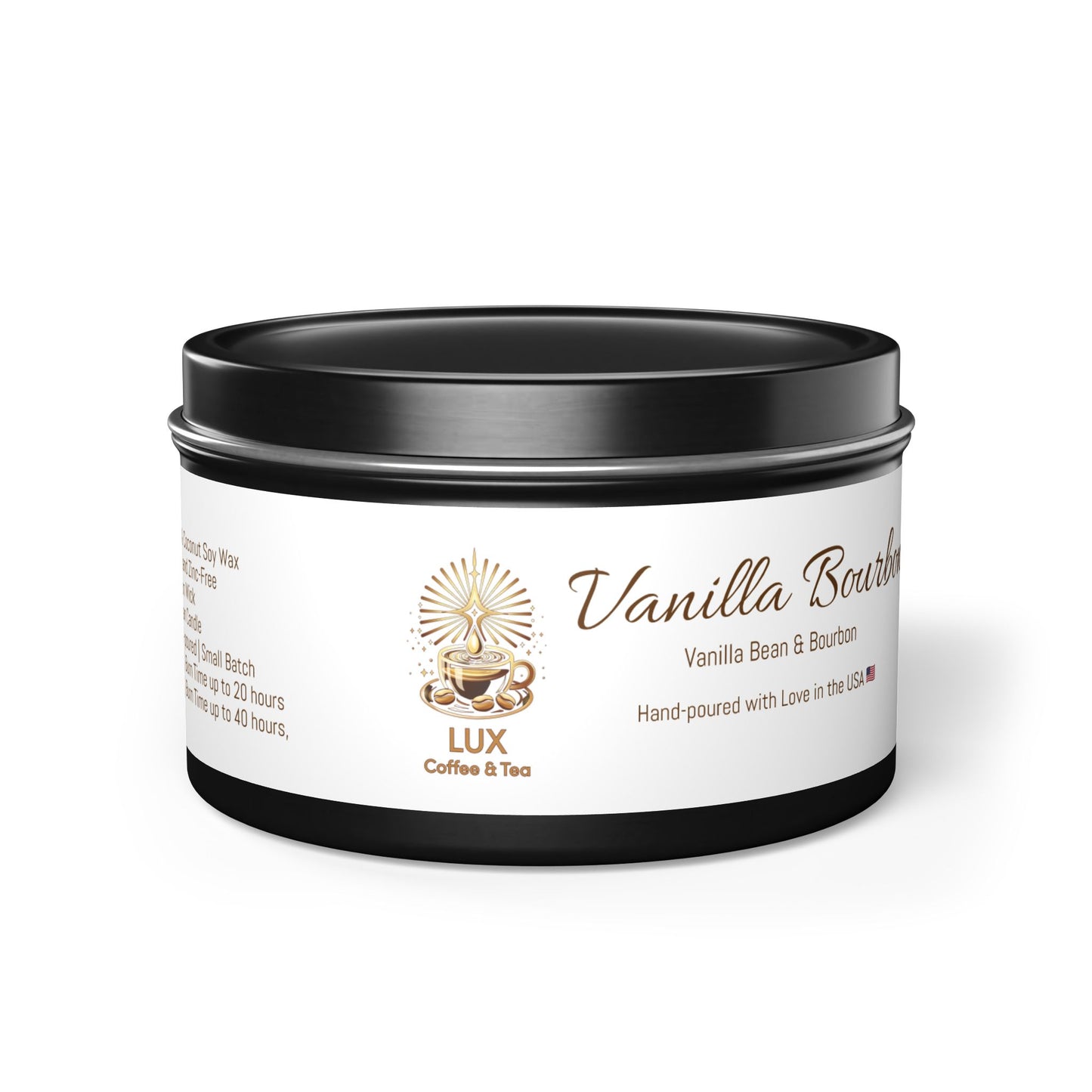 Lux Coffee & Tea Travel Tin Scented Candle Vanilla Bourbon (4oz | 8oz).